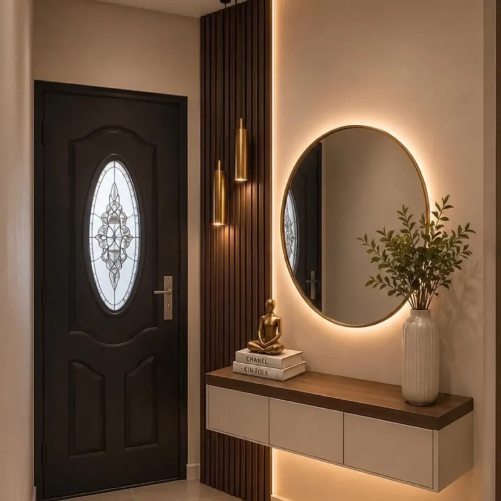 Backlit round mirror in a modern entryway