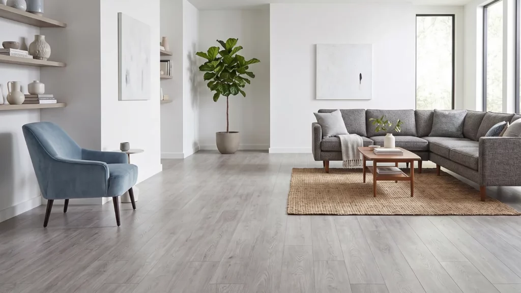 Dusty Miller SPC flooring installed in a modern living room | PVC Global Imports, Linden NJ