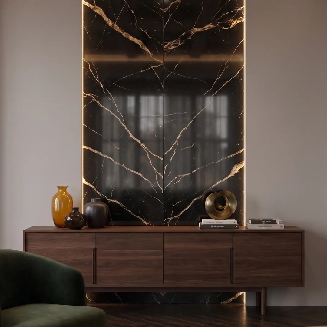 Black Gold marble PVC wall panel on a feature wall | PVC Global Imports, Linden NJ