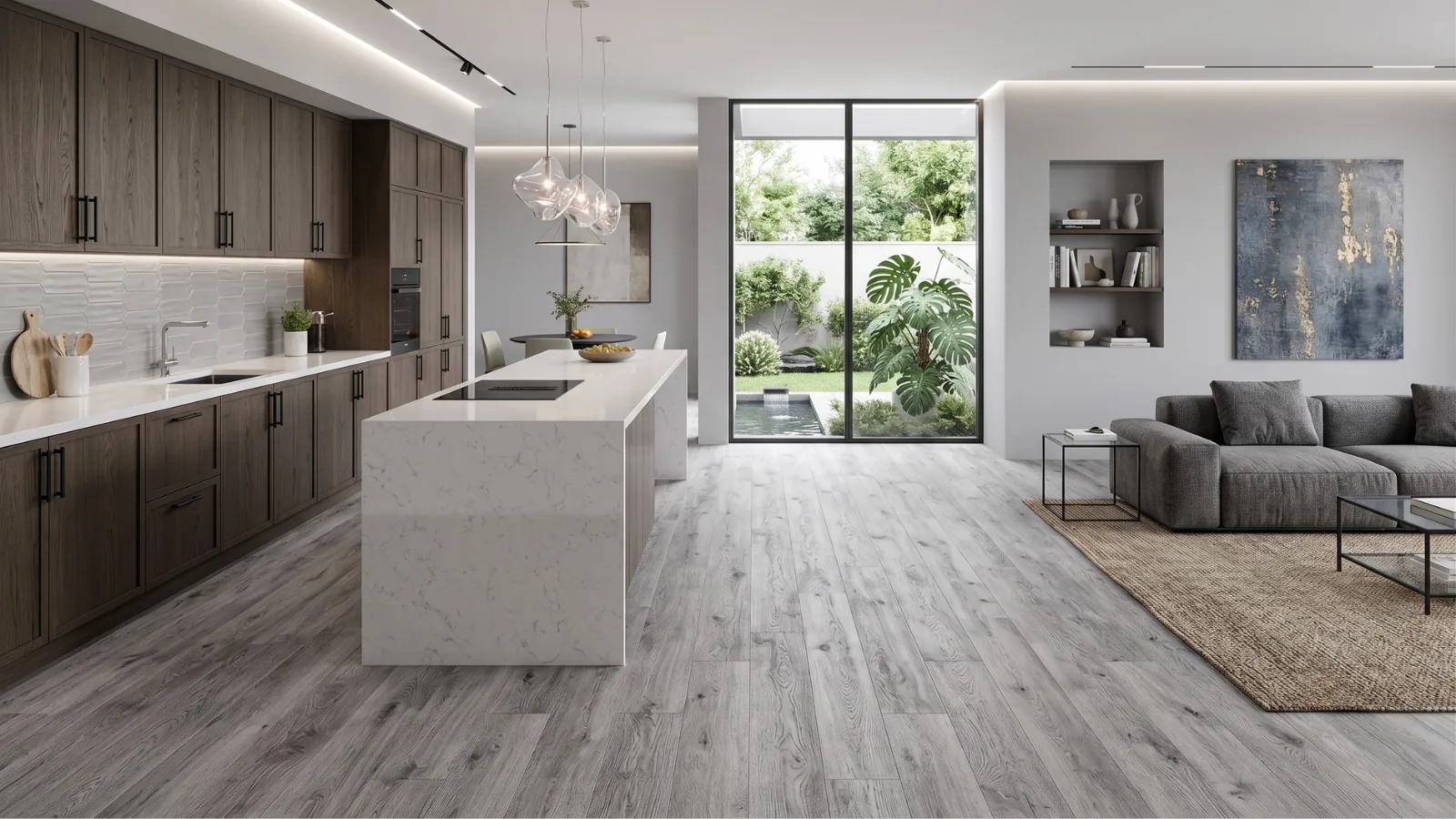 Silver Mist Oak SPC flooring installed in a modern living room | PVC Global Imports, Linden NJ