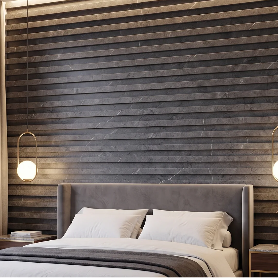 Graphite Marble WPC fluted wall panel on a bedroom feature wall | PVC Global Imports, Linden NJ